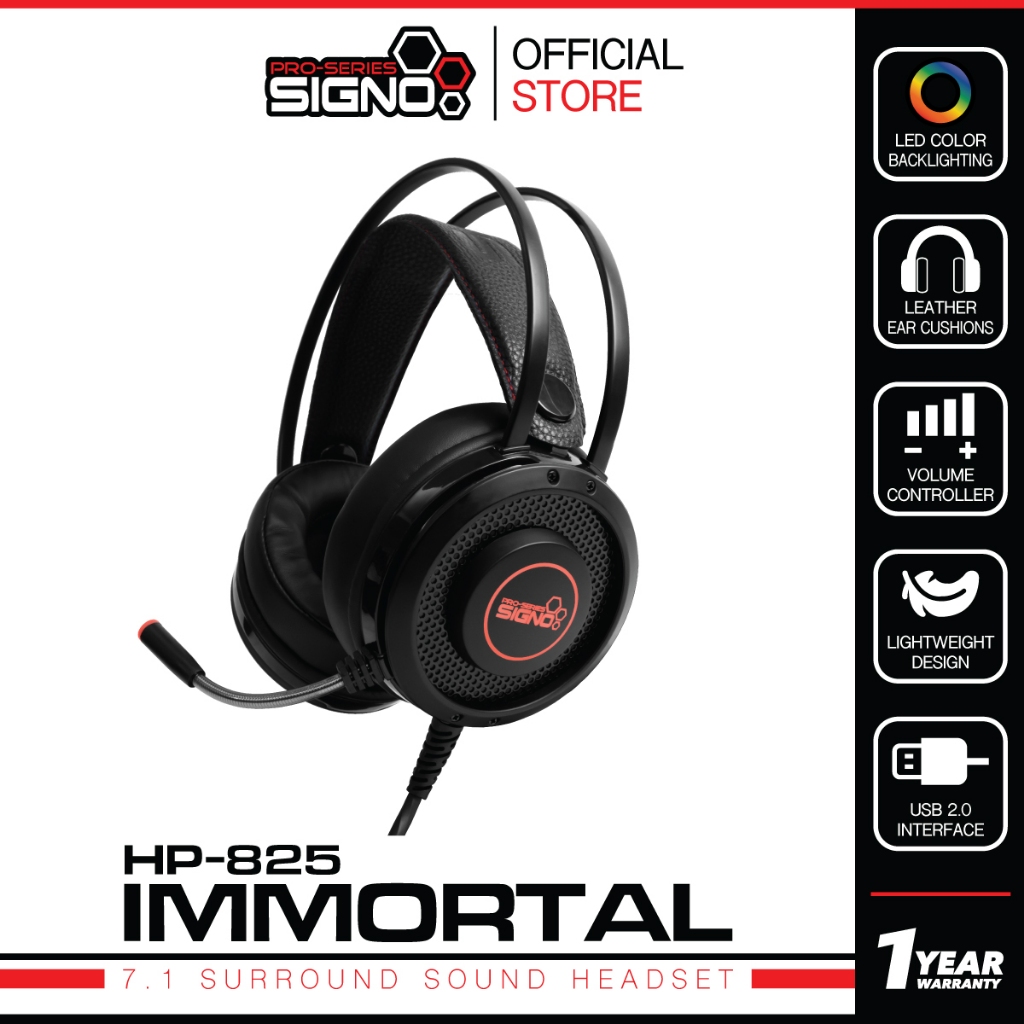 SIGNO HP-825 หูฟังเกมมิ่ง Gaming Headset ระบบเสียง 7.1 Surround ไฟ LED น้ำหนักเบา สายยาว 2.2 ม. เชื่อมต่อแบบ USB