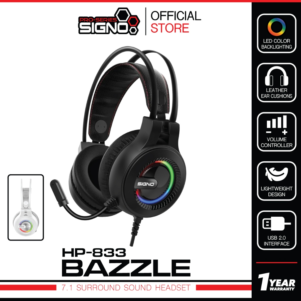 SIGNO HP-833 หูฟังเกมมิ่ง Gaming Headset ระบบเสียง 7.1 Surround ไฟ RGB น้ำหนักเบา สายยาว 2.2 ม. เชื่อมต่อแบบ USB