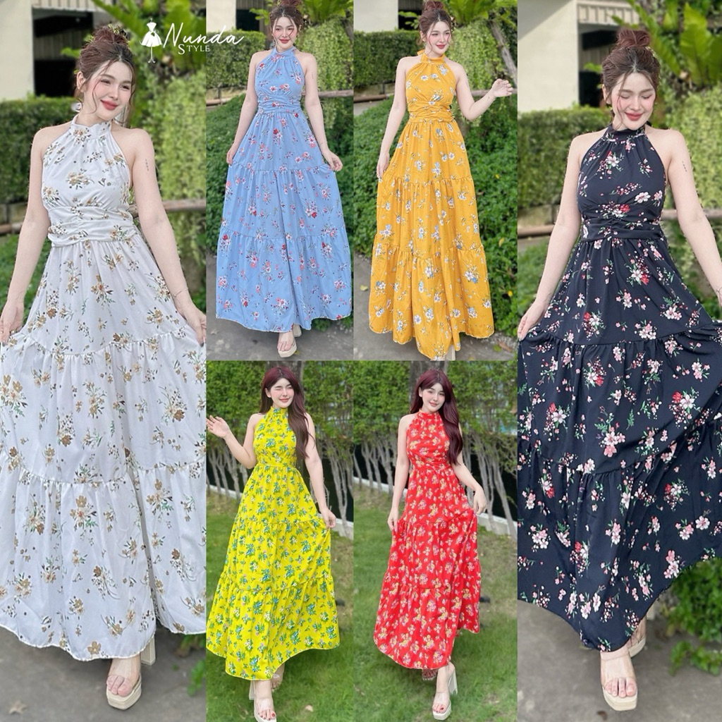 ♦️Nunda Style♦️ เดรสผูกคอลายดอก ด้านหลังสม็อค คอตั้งแต่งจีบด้านหลัง งานอลัง ใส่แล้วไม่อ้วนนะ
