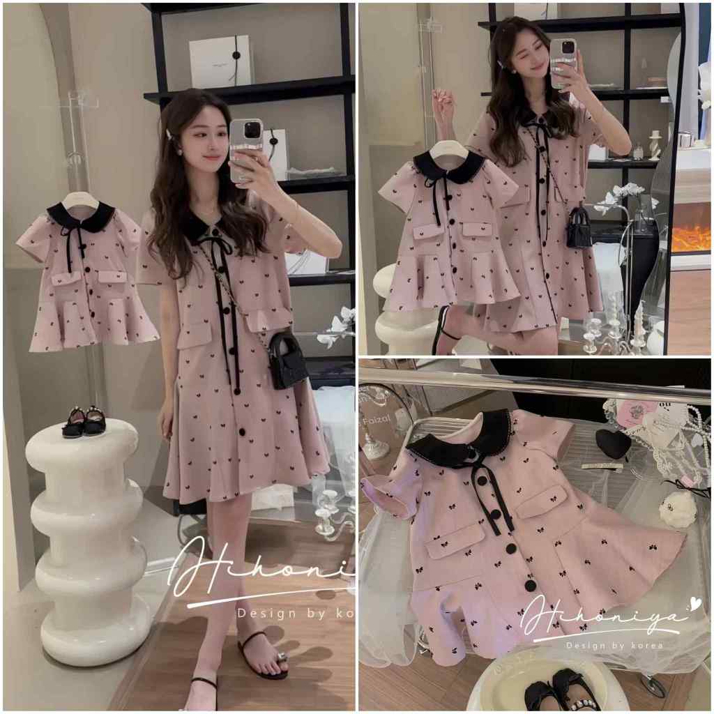 พร้อมส่ง MINA MINIDRESS ชุดคู่แม่ลูก สีชมพูลายจุด ปกคอสีดำ