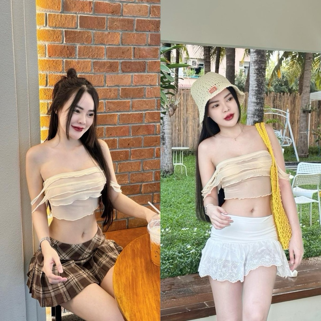 เสื้อเกาะอกระบายซีทรูบางตัวจิ๋ว ดีเทลเปิดไหล่ สุดเซ็กซี่