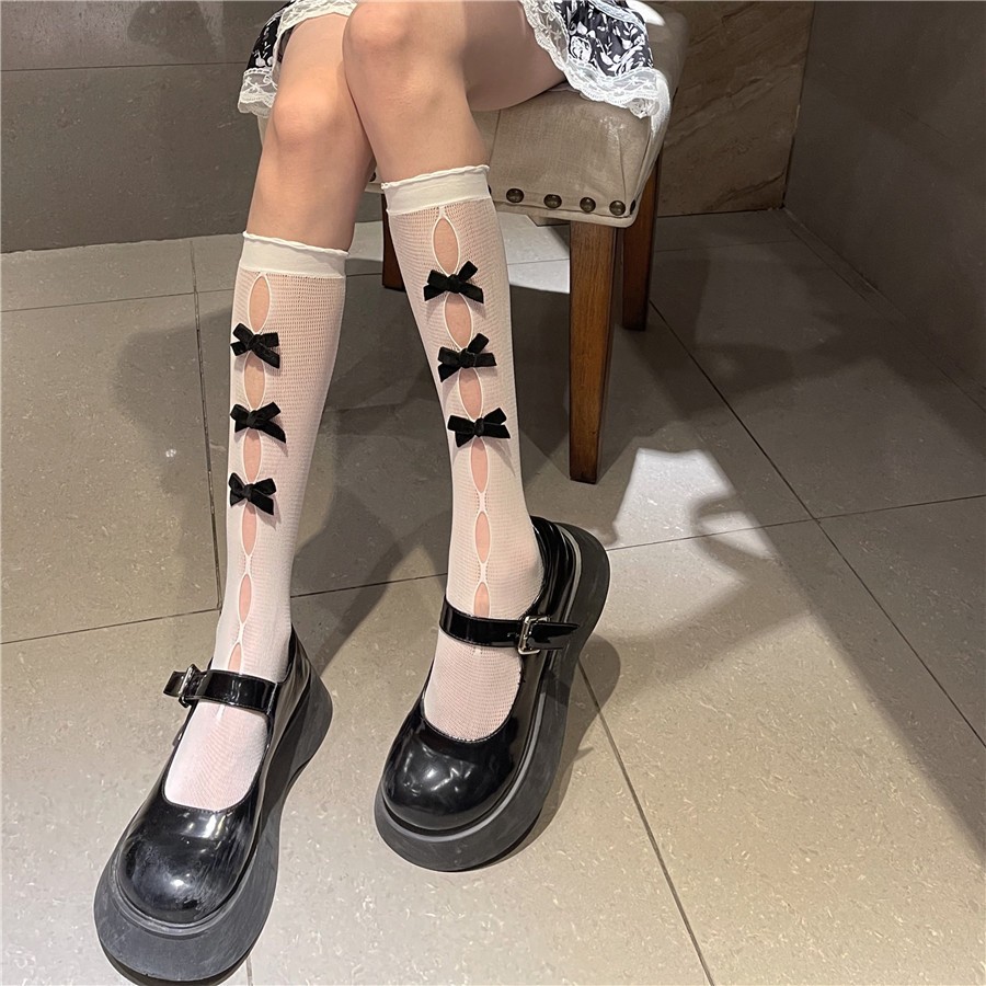 พร้อมส่ง ถุงน่องติดโบว์ ยาวใต้เข่า ถุงน่องคอสเพลย์ แฟชั่นโลลิต้า แฟชั่นY2K
