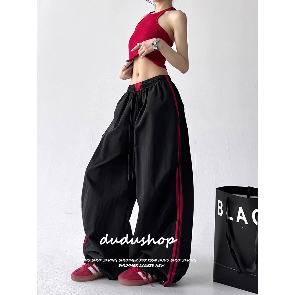 [Summer quick-drying fabric black and red contrast sports wide-leg pants]งเกงสตรีทแดนซ์สำหรับผ ู้หญิงในปี 2025