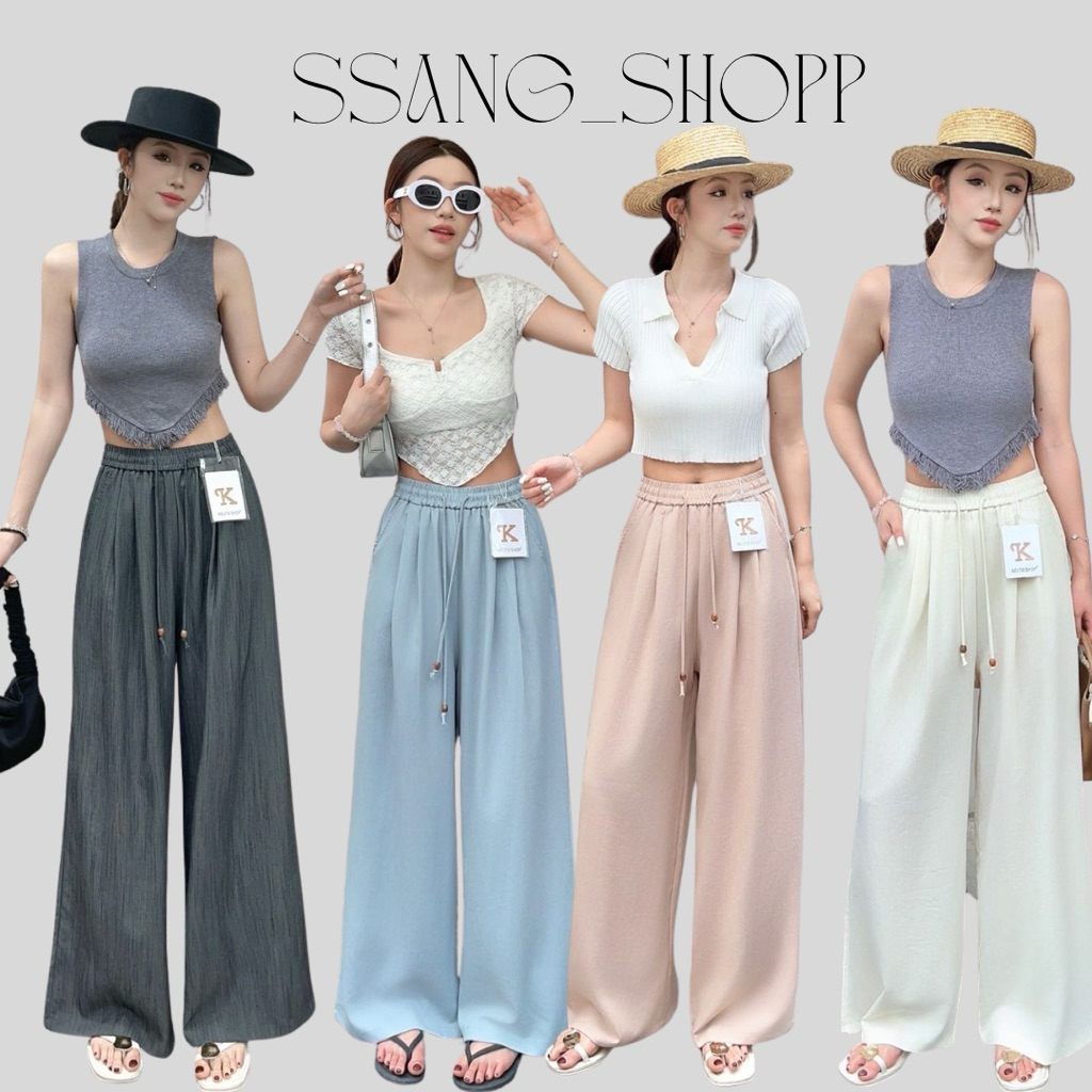 กางเกงขายาวทรงกระบอก เอวยางยืด ผ้าลินินป้าย Keltis