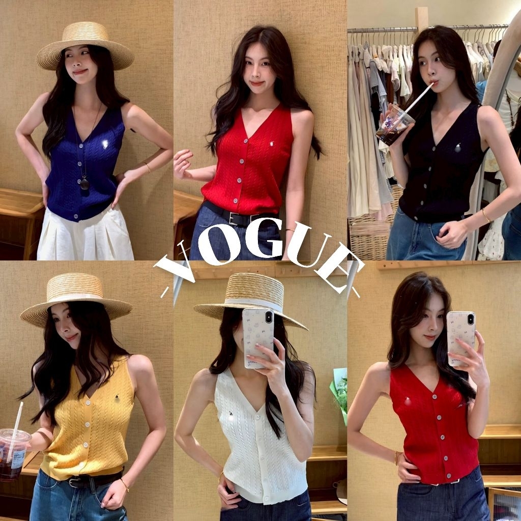 Vogue🌟พร้อมส่ง🌟 เสื้อกล้ามไหมพรม แขนกุดกระดุมด้านหน้า สีสดใส ยืดพอดี (Z-860)