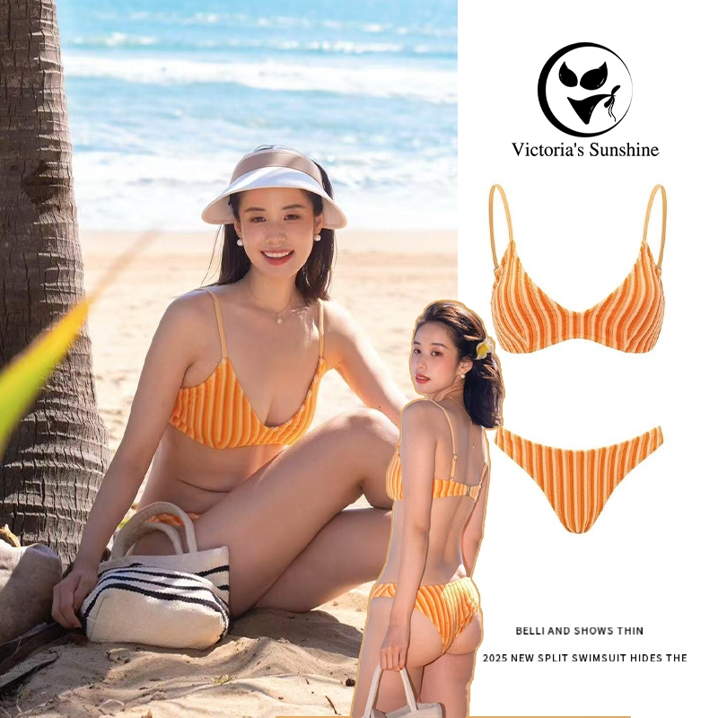 ส่งไวจากไทย bikini set เซ็กซี่ ทูพีช ชุดบิกินี่ ลายทางสีส้ม ลดราคา50%