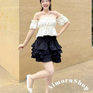 🔥aimorn_shop🔥เสื้อครอปปาดไหล่ ผ้าฉลุน่ารักๆ ผ้าใส่สบายมาก แมทช์ลุคคุณหนูสุดๆ