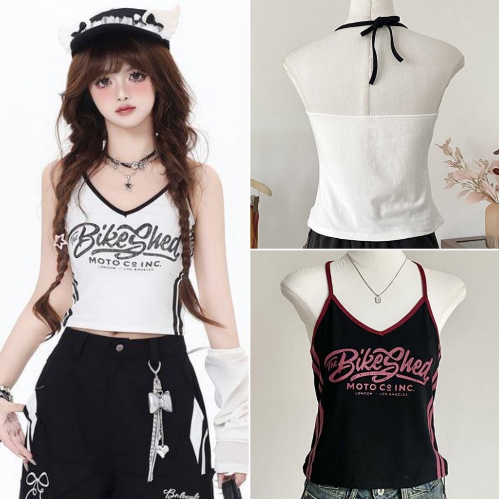cherryshop🍒พร้อมส่ง เสื้อสายเดี่ยวผู้หญิง เสื้อคอวีเซ็กซี่ สไตล์สลิมสั้น การออกแบบพิมพ์ลายโมโนแกรม สไตล์สาวฮอตอเมริกัน
