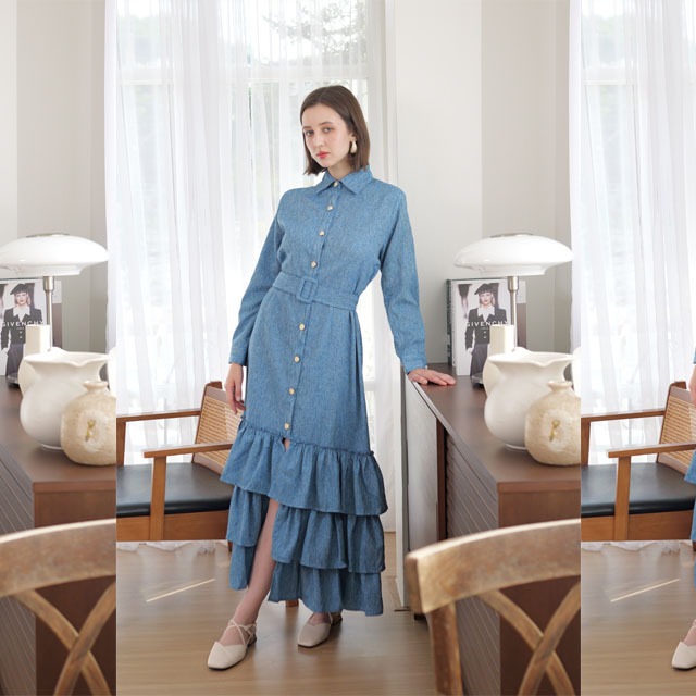 Passara Basic เดรสเชิ้ตชายระบาย สีฟ้า