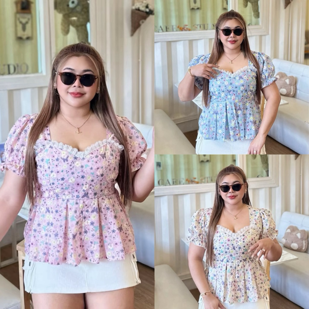 LL-S2H1🌹มี 2 ไซต์ เสื้อฉลุผ้าคอลตอลปักลายผีเสื้อ แต่งลูกไม้ สีพาสเทล สาวอวบ