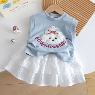 Babyonline(Y240)A2 (ส่งด่วน1วัน)เสื้อยืดคอกลมแขนกุดสำหรับเด็กผู้หญิงลายน้องหมาสุดน่ารัก ผ้าฝ้าย นิ่ม