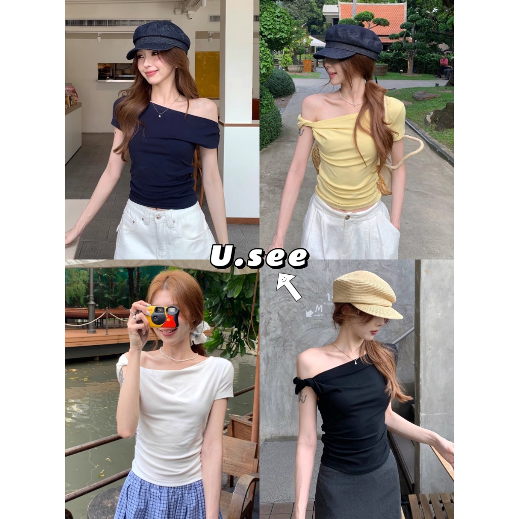 เสื้อยืด เสื้อแขนสั้น สไตล์เกาหลี เสื้อเปิดไหล่ แมทช์กับทุกสไตล์#2352