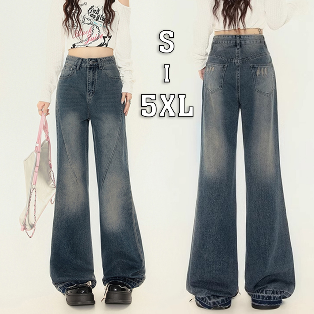 jeans กางเกงยีนส์ เอวสูง ทรงหลวม ยีนส์ กางเกงยีน ผู้หญิง แนววินเทจ denim pants ไซส์ใหญ่ กระดุม พลัสไซส์