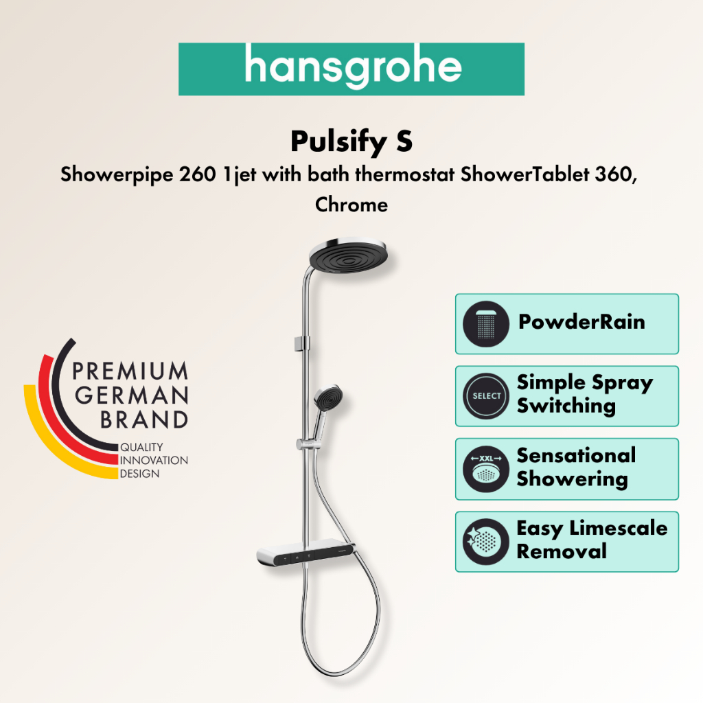 Hansgrohe 26971007 Pulsify S Showerpipe 260 1jet with bath thermostat ShowerTablet 360,  Chrome
