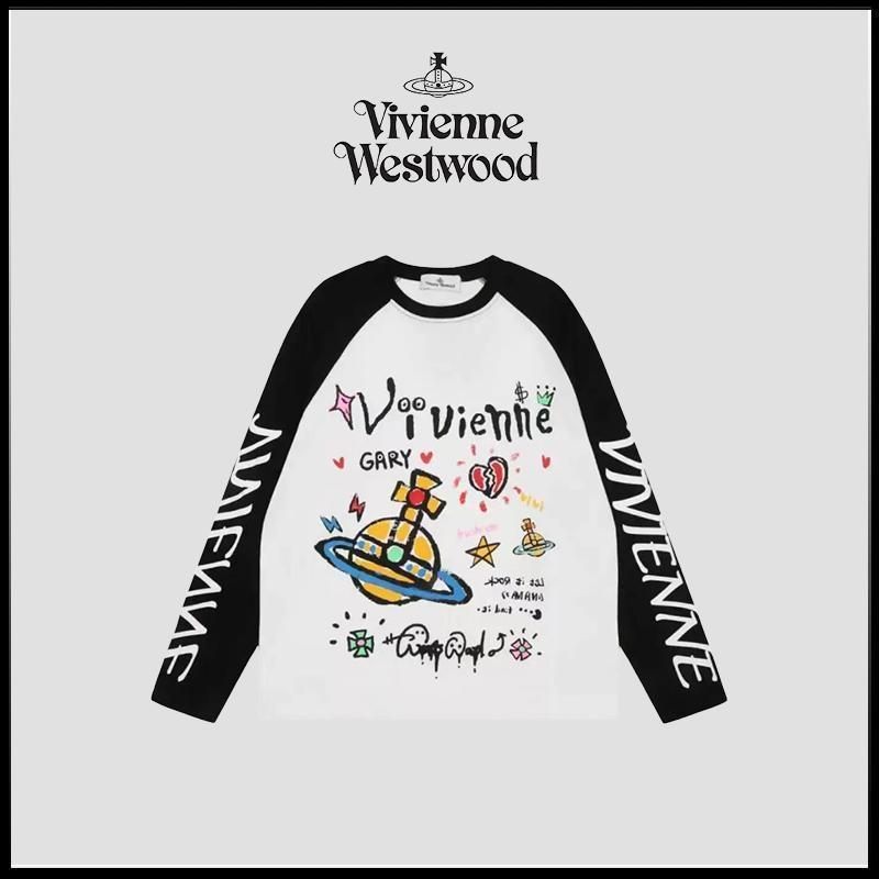 【Vivienne Westwood】🇯🇵แขนยาว งานปักกราฟิตี้ โลโก้ดาวเสาร์ แขนยาวตัดต่อ เสื้อยืดแขนยาวเสื้อแจ็กเกต