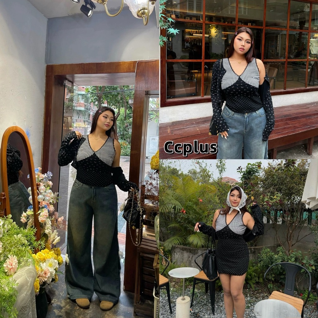 CiCi Plus+(3008-1) สายเดี่ยวคอวีลายสก๊อต/เสื้อแขนยาวพิมพ์ลายดอก/เดรส ผ้าดีมาก สไตล์สาวพลัสไซส์(ขายแยกชิ้น)