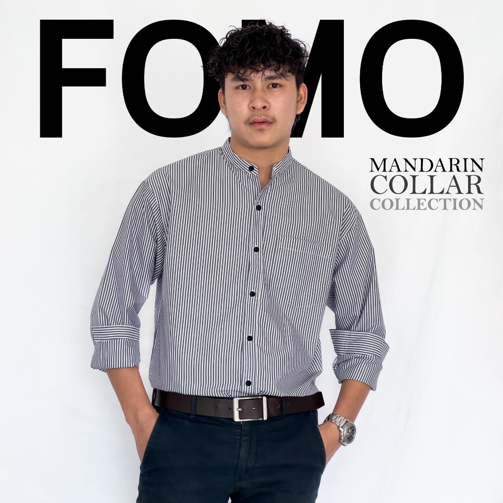 FOMO-เสื้อเชิ้ตคอจีนลายทาง สีดำ เสื้อเชิ้ตคอจีน เสื้อคอจีน