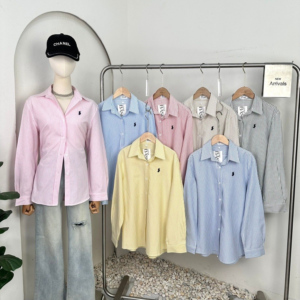 Mook_Shop เสื้อเชิ้ต เสื้อผ้าผู้หญิง ลายริ้วปักแขนยาว A01