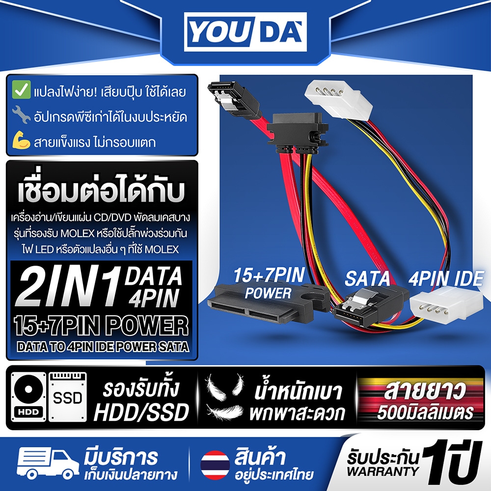 YOUDA  สายแปลง 15+7PIN POWER/DATA TO 4PIN IDE รับประกัน 1ปี รุ่น YD-1PST1S จ่ายไฟเสถียร รองรับ HDD/S