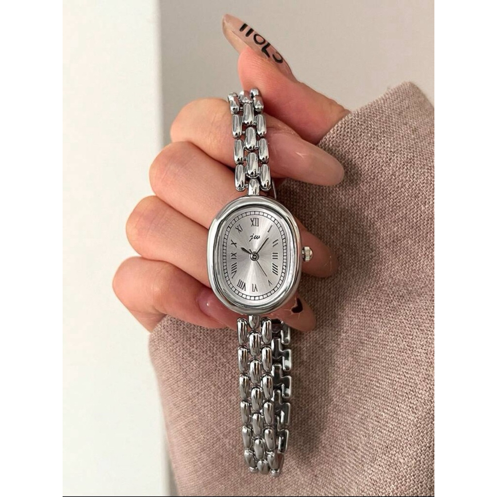 1 ชิ้น สร้อยข้อมือโลหะผสมรูปทรงอยู่ง่าย สีทอง นาฬิกาผู้หญิง หน้าปัดรูปวงรีอ่อนหวาน เข็มขาวสไตล์