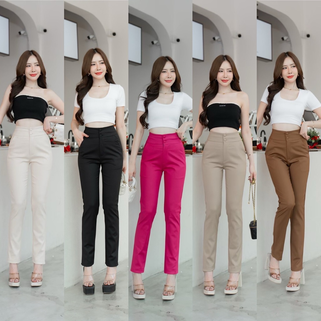 กางเกงขายาวเอวสูง 9  ส่วน แต่งกระดุม 2 เม็ด ผ้าดับเบิ้ล ยืดหยุ่นดี กระชับ ใส่สบาย แมตได้กับเสื้อทุกแบบ ใส่ได้ทุกโอกาส