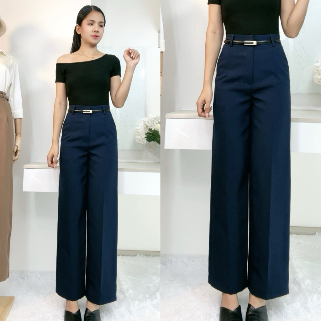 กางเกงทำงานทรงขากระบอกกลาง มีหูใส่เข็มขัด ตะขอหน้า เอวสูง ผ้าไอด้า เกรด Premium [B9] - รูปที่ 3