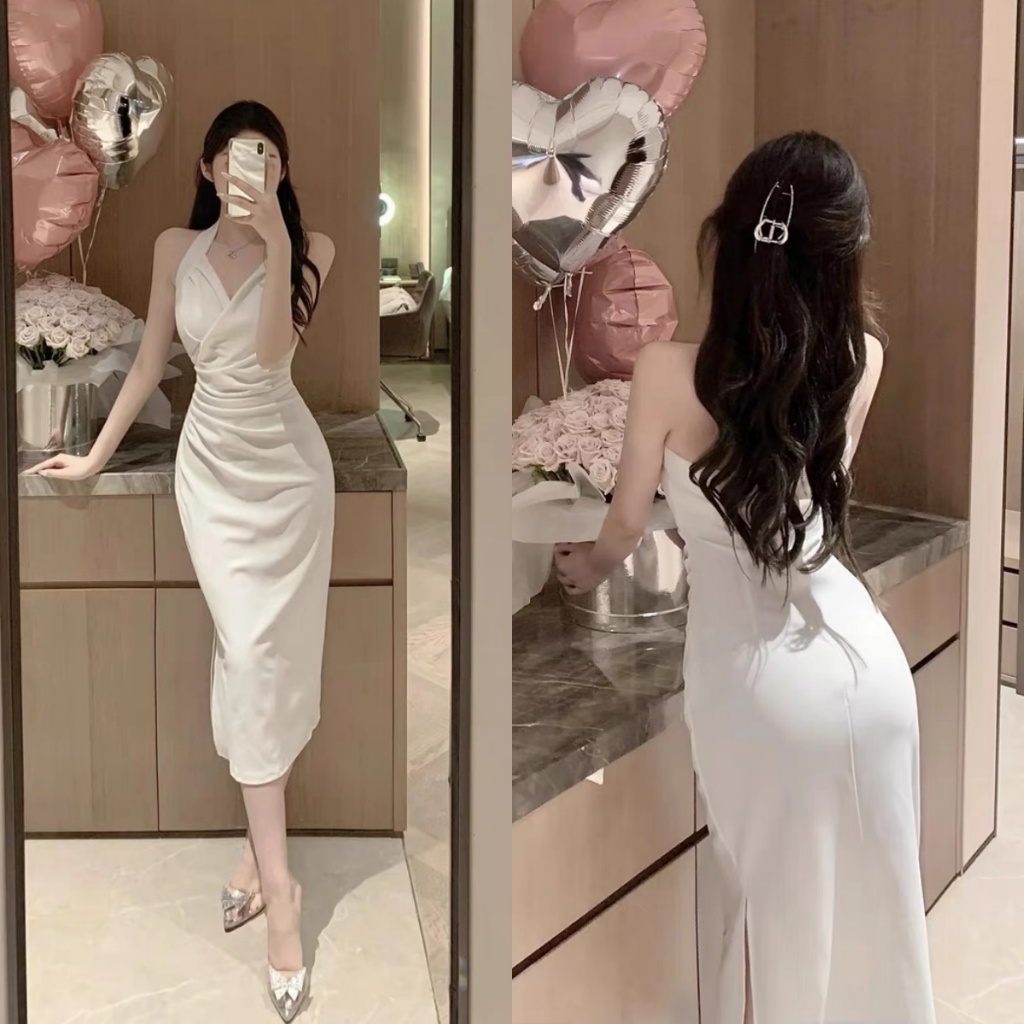 เดรสเกาหลี ขาว ยาว แขนกุด รัดรูป แฟชั่น ผู้หญิง ชุดราตรี น่ารัก รัดรูป คล้องคอ white dress