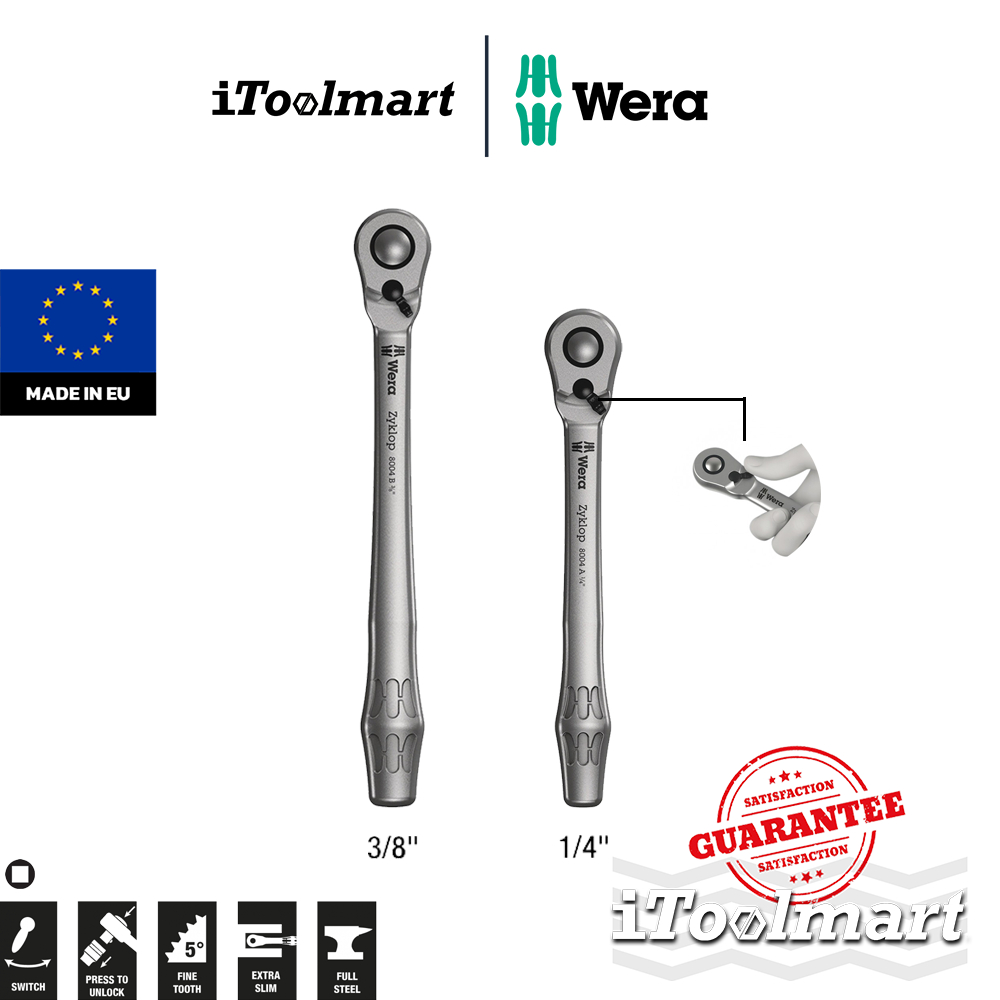 WERA ด้ามฟรี 8004 B Zyklop Metal Ratchet with switch lever and 3/8in drive 05004034001 / 1/4in drive