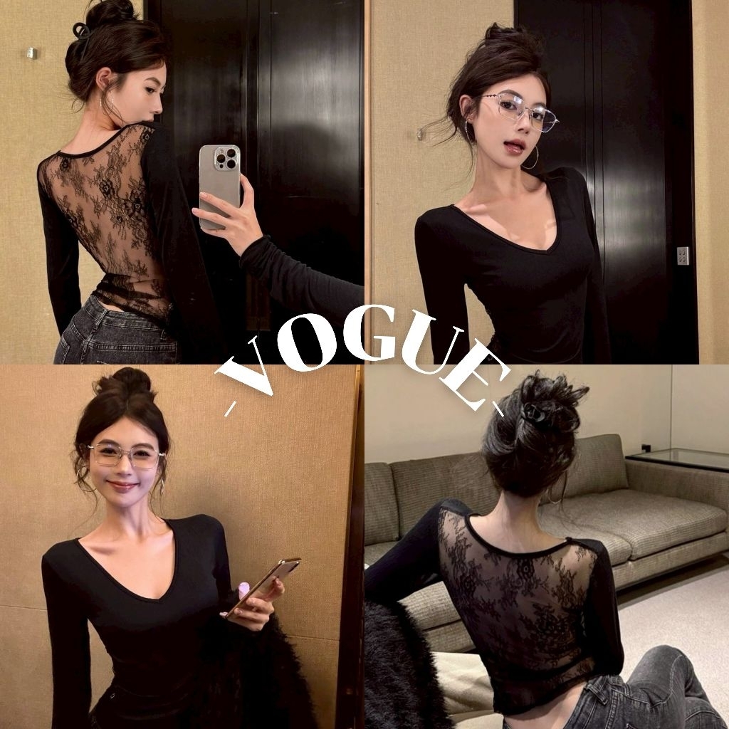 Vogue🌟พร้อมส่ง🌟 เสื้อแขนยาว คอวี ดีเทลหลังซีทรูลูกไม้ ทรงรัดรูปพอดีตัว (FYM5479)