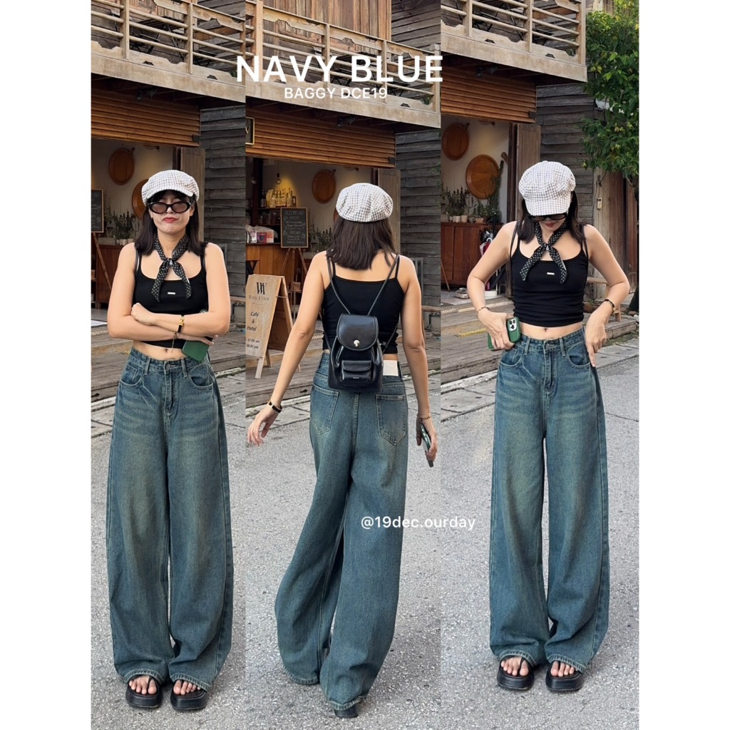( DEC19 ) กางเกงยีนส์ขากระบอก  กางเกงยีนส์เอวสูง (สี NAVY BLUE )