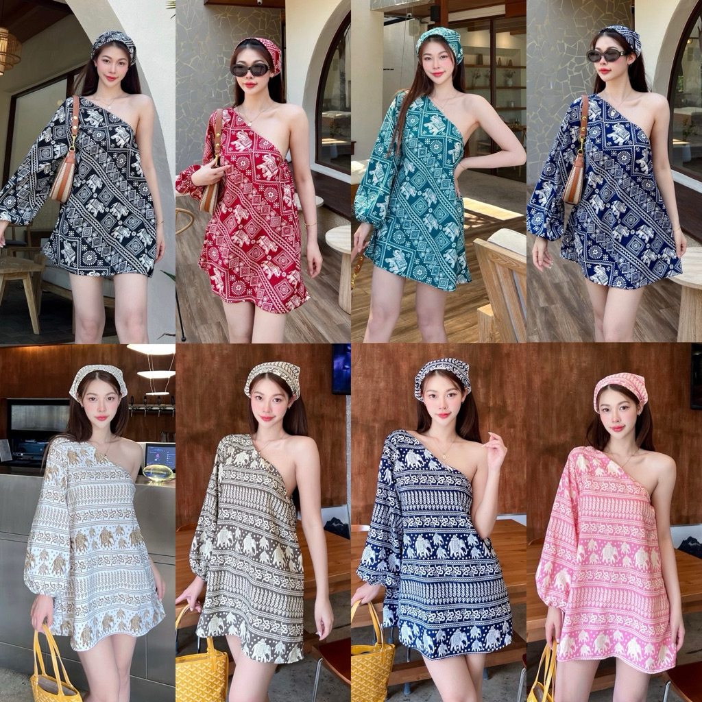 Teera พร้อมส่ง jasmine minidress 2ชิ้น เดรสลายช้าง+ผ้าโพกผม ผ้าพริ้วใส่สบาย พิมพ์ลายสวยชัด sheeny