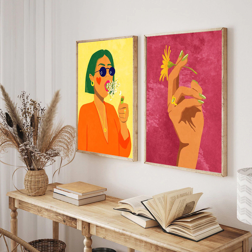 (พร้อมส่งจากไทย ภาพรวมกรอบ)ภาพผู้หญิง บุหรี่ดอกไม้ เปลือยกาย นามธรรม ตกแต่งห้องนั่งเล่น - รูปที่ 2