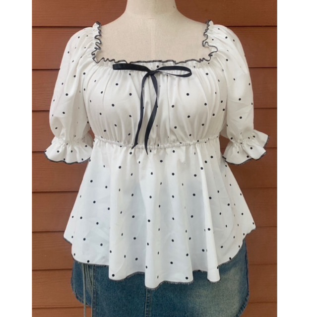 เสื้อPolka dot แขนตุ๊กตาสาวอวบ น่ารักคุณหนู
