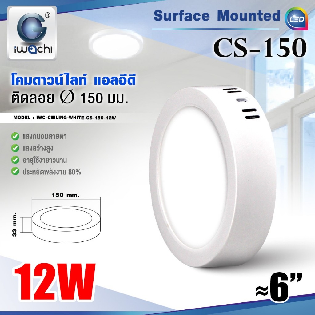 IWACHI โคมดาวน์ไลท์ ติดลอย ถนอมสายตา ทรงกลม ไดร์เวอร์รวม 12W 18W 24W 30W แสงขาว แสงวอร์ม รูปที่ 6