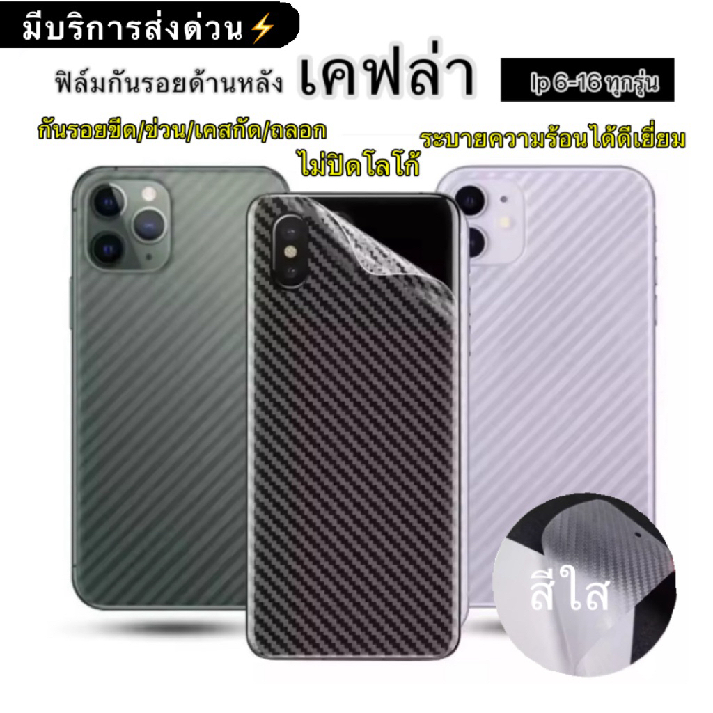 ฟิล์มหุ้มรอบเครื่อง เคฟล่า iPhone  6 ถึง 17promax ทุกรุ่น ฟิล์มเคฟล่า ฟิล์มหลังเคฟล่า 16promax 16pro 15promax 16 15plus