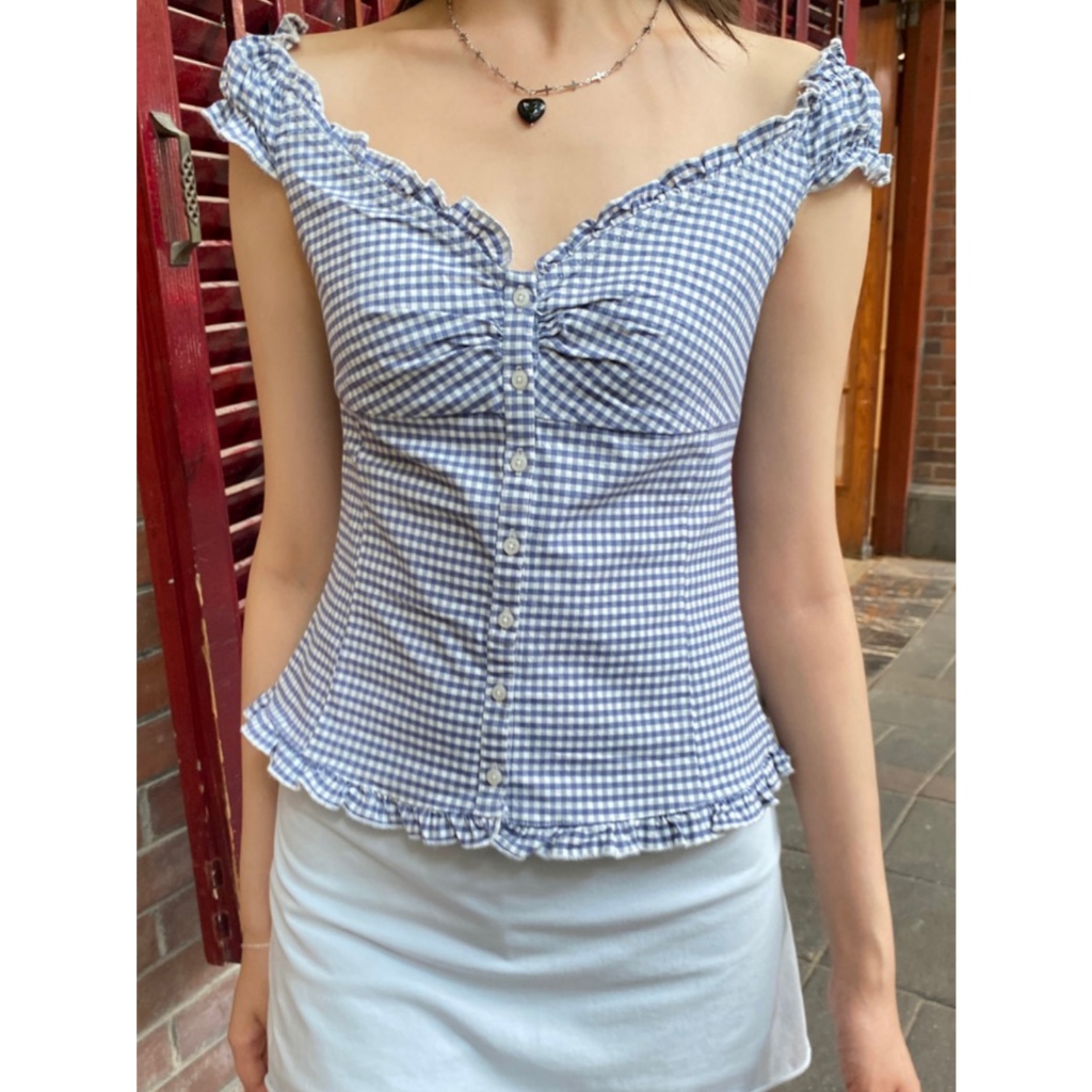 (พร้อมส่ง) BrandyMelville Elena Plaid Top เสื้อแขนกุด เสื้อปาดไหล่ เสื้อแขนสั้น ของแท้จากช็อป