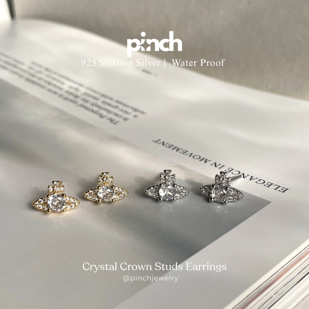Pinch Crystal Crown Studs Earrings  ต่างหูมงกุฎประดับเพชร เงินแท้ silver 925