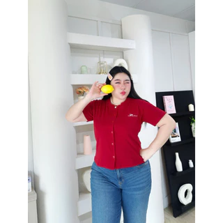 [ T49 ] เสื้อยืดยูนิคอกลม กระดุมหน้า แต่งปัก Lana รอบอก 36-52"
