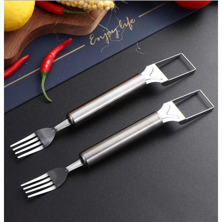 ส้อมตัดแตงโมสแตนเลส อุปกรณ์หั่นลูกเต๋าและแบ่งอเนกประสงค์ ส้อมสองด้าน 2in 1