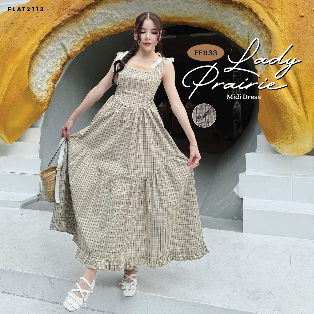 FLAT2112 FF1133 : LADY PRAIRIE MIDI DRESS เดรสยาวเรียบหรู เดรสออกงาน  เดรสบอลลูนสุดเก๋
