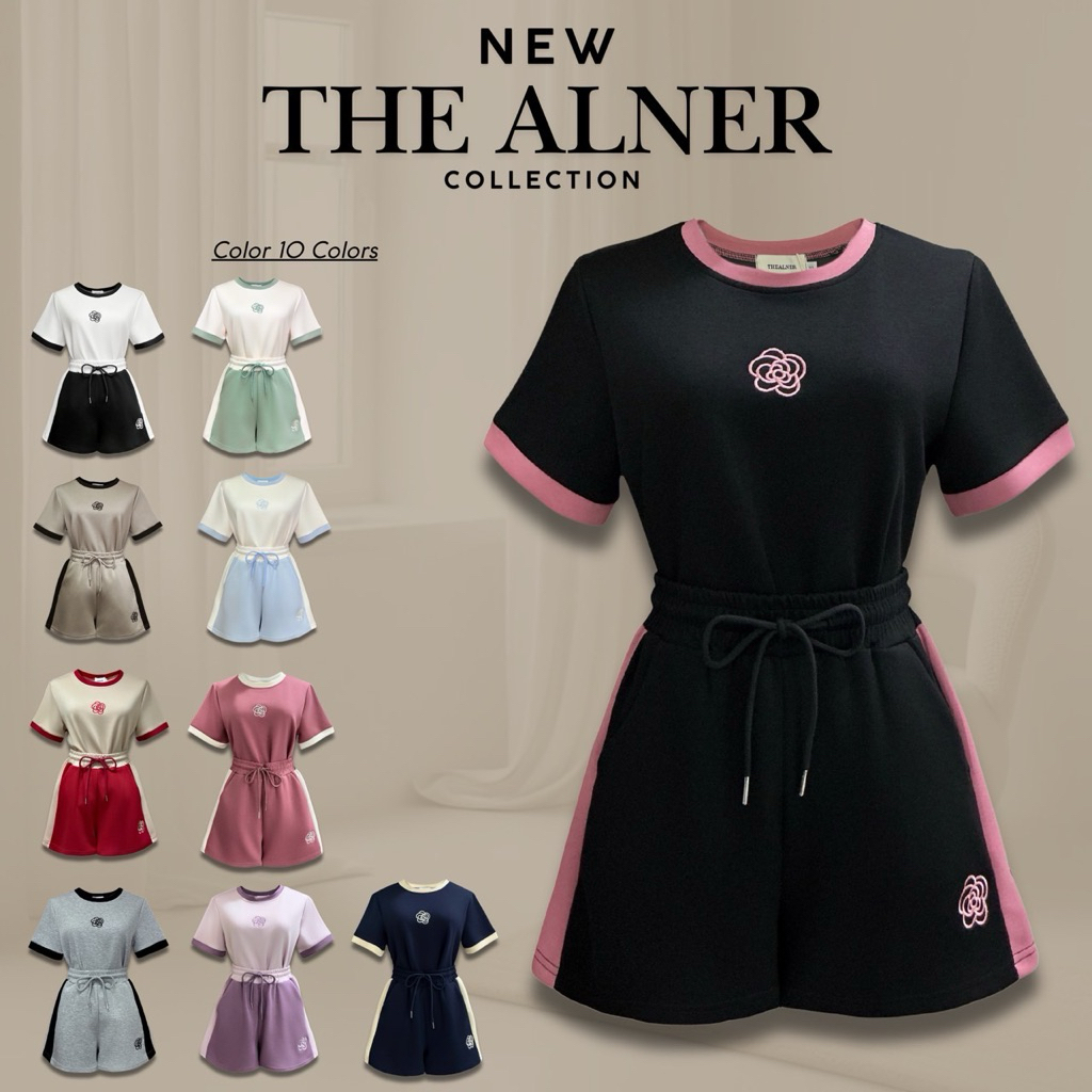 Thealner-AN283 (เซตเสื้อแขนสั้นแต่งแถบปักดอกคามิเลีย กก.วอมขาสั้น)