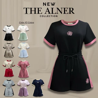 Thealner-AN283 (เซตเสื้อแขนสั้นแต่งแถบปักดอกคามิเลีย กก.วอมขาสั้น)