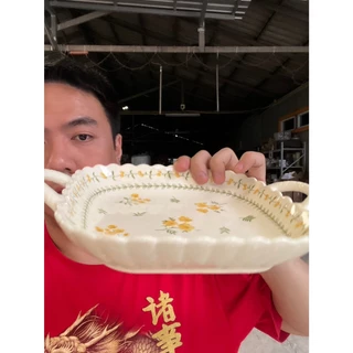 จานเซรามิกแบบมีหูจับ สี่เหลี่ยมขนาด 25x20cm ลายดอก ออกใบกำกับภาษีได้