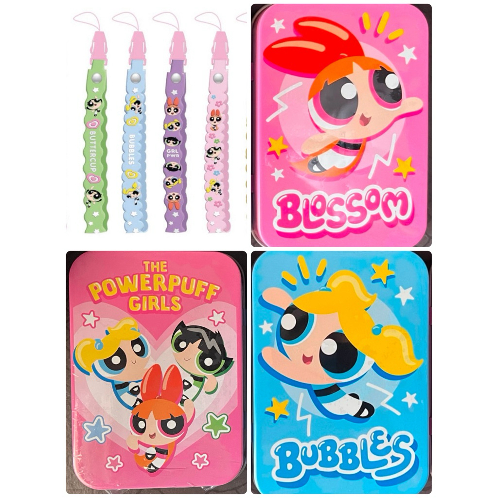 The Powerpuff Girls สายคล้องโทรศัพท์+ขนมข้าวโพดกรอบ/กล่องเหล็ก + ลูกอมชนิดเม็ดกลิ่นสตรอเบอร์รี่
