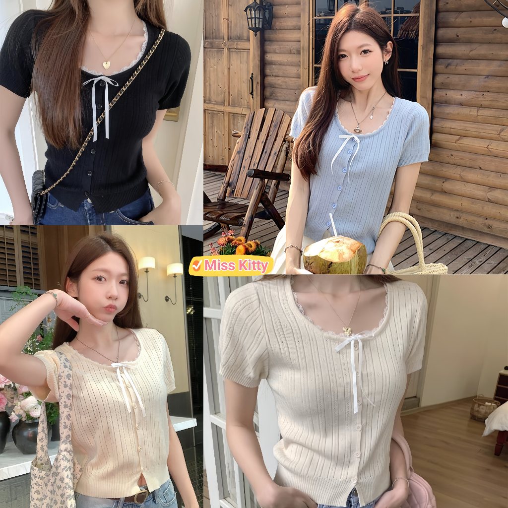 เสื้อยืดไหมพรม แขนสั้น คอกลม โบว์ เซ็กซี่ เข้ารูป"95201"🎀Miss Kitty❤️