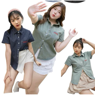 JARINYA (M-2XL) เสื้อเชิ้ตยีนส์แขนสั้น แต่งกระเป๋างานปัก JARINYA ผ้ายีนส์แท้ เนื้อดีไม่บาง ทรงสวยเข้ารูป