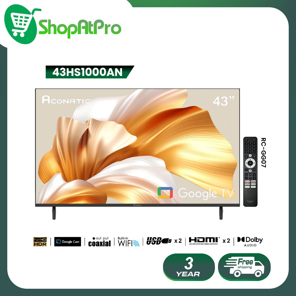 Aconatic ทีวี 43 นิ้ว FHD Google TV รุ่น 43HS1000AN Netflix,Youtube,Frameless Design, Dolby Audio