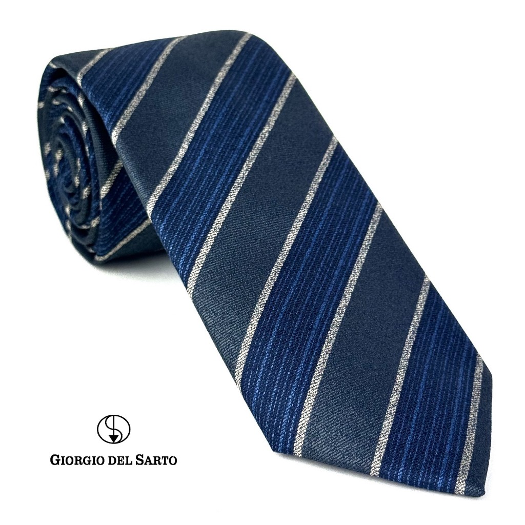 Giorgio Del Sarto Necktie 7.5 cm Grey, Blue with Blue Stripe Fabric Texture เนคไทสีเทา,น้ำเงินมีเท็กเจอร์