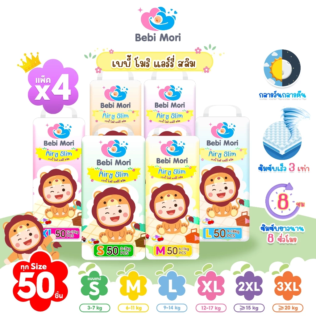 ยกลัง4แพ็ค Bebi Mori กางเกงผ้าอ้อม เบบี้โมริ Airy Slim ผ้าอ้อมสำเร็จรูป นุ่ม บางเบา ผ้าอ้อมเด็ก