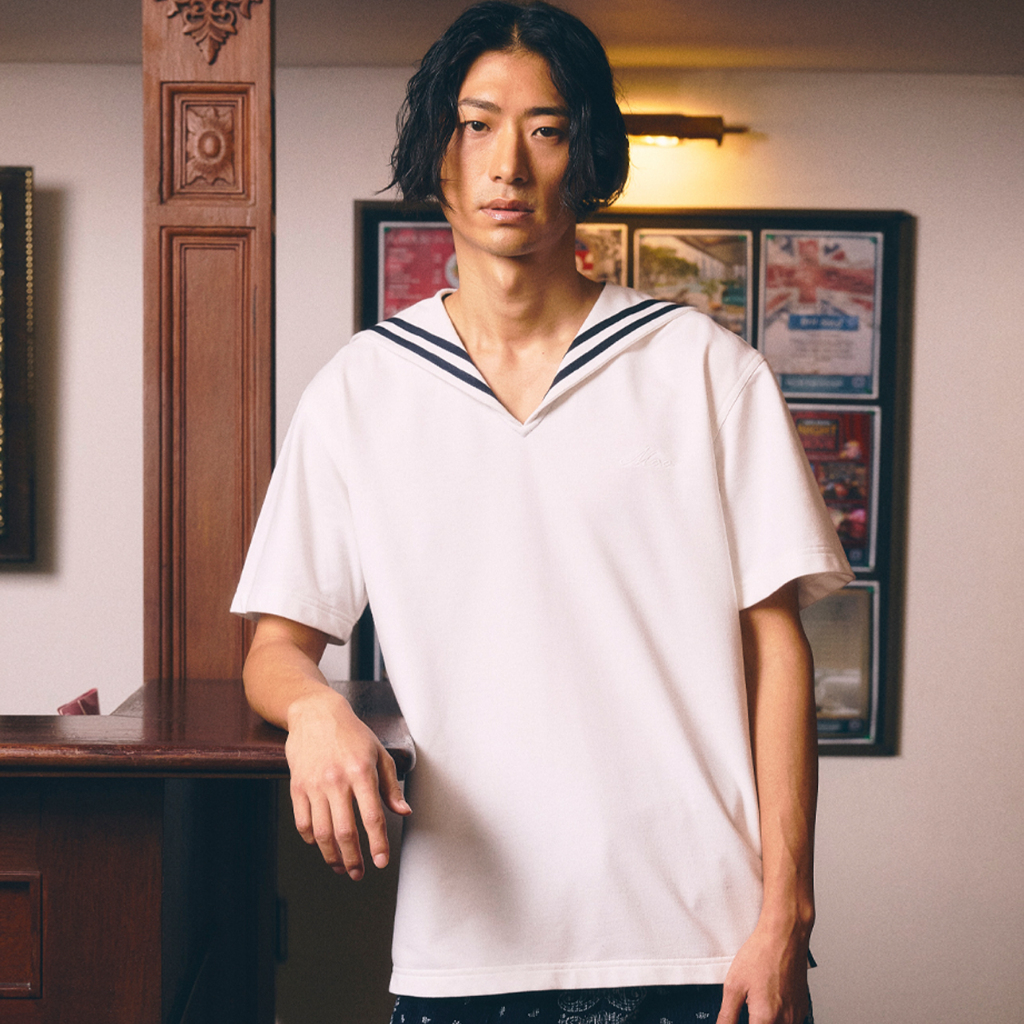 [MOO 7/25] Sailor Jersey Shirt เสื้อแขนสั้นผ้าเจอร์ซีย์  คอปกกะลาสี แต่งกุ๊นปก  ปัก "Moo" ที่อก